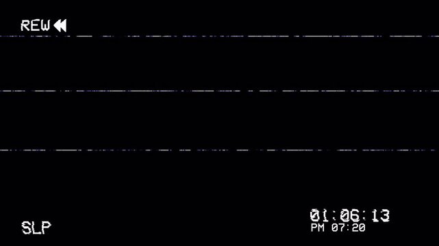 4K VHS Video Tape Rewind Screen with Glitch Static Noise Overlay. Retro VCR Camcorder Playback Interface Background Motion Graphic Animation 4k video animation seamless loop