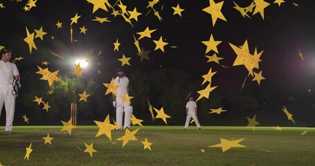 Batsman shifting on ball blocking to protect cricket stumps while gold stars drifting over players - Powered by Adobe