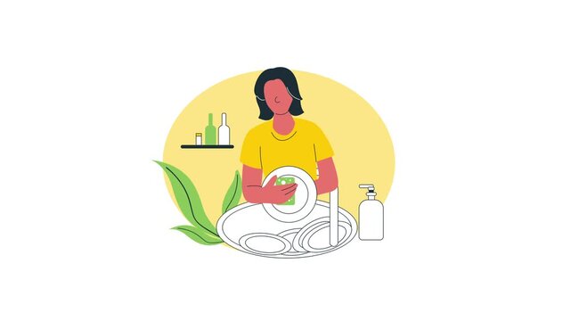 Woman washing dishes in a bright and clean kitchen environment.