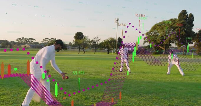 Bowler delivering batter swinging fielder retrieving ball cricket analytics tracing trajectory