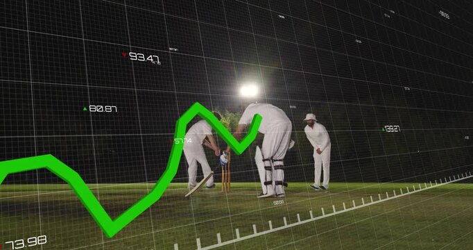 Bowler running while batter playing shot, keeper diving to stump for run-out, cricket grid reacting
