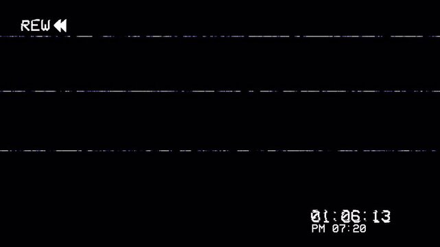 4K VHS Rewind Screen Effect. Retro Camcorder OSD Overlay with Glitch Lines, Timecode Countdown on Black Background 4k video animation seamless loop