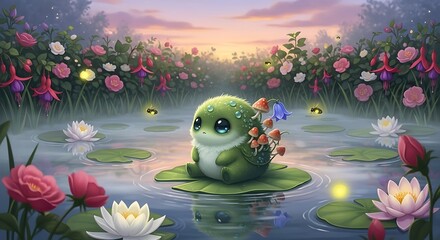 A small, endearing creature sits peacefully on a lily pad in a serene garden pond, surrounded by vibrant flowers and glowing insects, creating a captivating scene of whimsical beauty.