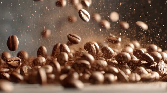 Close-up of coffee beans falling in dynamic motion with warm lighting