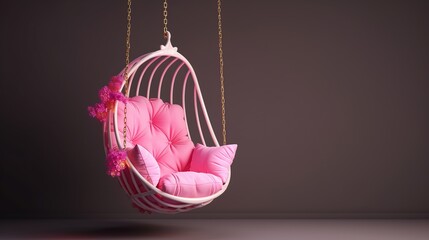 A modern, ornate, white hanging egg chair with plush pink cushions, adorned with fluffy pink tassels, suspended against a dark, atmospheric background.