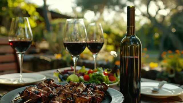 A summer outdoor dining scene featuring a table set for a barbecue dinner including kebab skewers, salad, and wine glasses accompanied by bottles of red wine. A relaxed and inviting atmosphere.