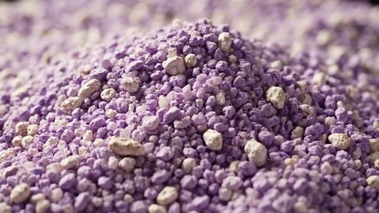 A detailed closeup shot of a vibrant pile of purple and beige granular material showcasing its unique texture and composition ideal for agricultural industrial or pet care themes highlighting the sma.