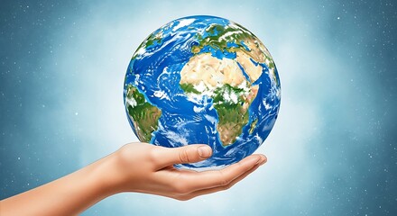 A hand gently cradles the earth, showcasing its intricate details and serene beauty against a soft, starry backdrop.