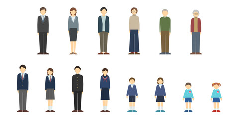 フラットイラスト：様々な年代の人々(正面)
