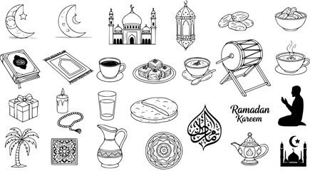 Ramadan Kareem Islamic Symbols and Objects - Mosque, Moon, Quran, Dates, Prayer, Drum, Lantern, Food, Gifts, Line Art Vector