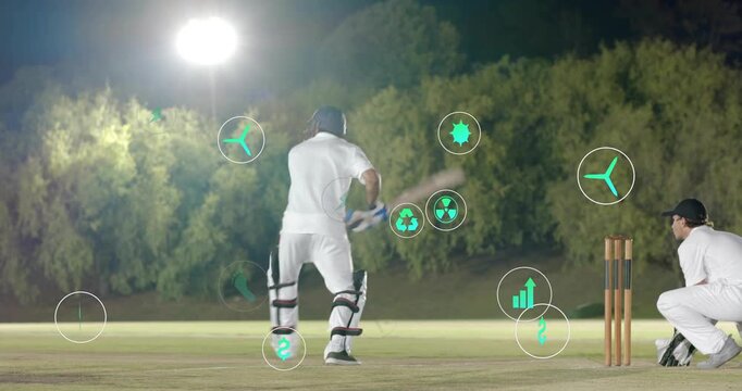 Bowler bowling batter hitting frontfoot shot running for runs green icons clustering cricket data