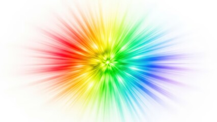 A vibrant and colorful abstract radial burst of light and energy, featuring a full spectrum of rainbow colors radiating outwards from a central point on a white background.