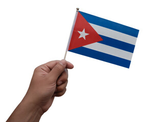 Hand proudly waving the vibrant Cuban flag, celebrating national pride and heritage with patriotic spirit and celebration