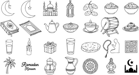 Hand Drawn Ramadan Kareem Icons Set. Black and White Line Art Doodle Collection of Islamic Holiday Symbols, Muslim Cultural Elements, Food, and Traditions for Religious Celebration Design