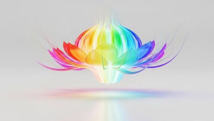 Obraz premium A vibrant, glowing lotus flower radiating rainbow colors, floating above a reflective surface with a soft light background.
