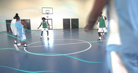 Basketball players shifting after midcourt pass driving to hoop boxing out chasing rebound scoring - Powered by Adobe