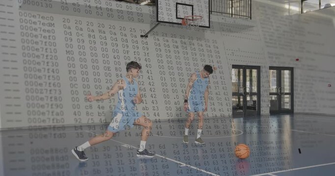 Two players starting sports drill training footwork by hoop while code overlay growing then fading