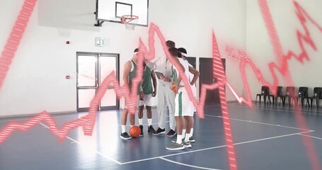 Coach tapping tablet, players huddling to plan play, animated red waveform overlaying stats