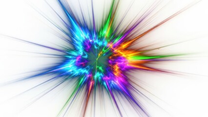 Obraz premium A vibrant, abstract explosion of colorful light rays bursting outwards from a central point on a white background.