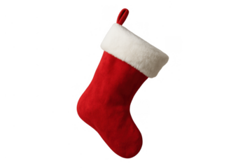 Red christmas stocking with white cuff and loop, ready for holiday celebration. Transparent background
