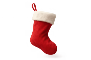 Red christmas stocking with white cuff hanging, ready for santa claus to bring gifts and holiday cheer on transparent background