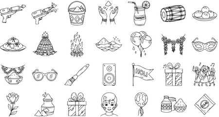 Holi Festival Black  White Line Art Icons Set. Hand-drawn Doodle Elements Collection for Indian Spring Celebration, featuring Pichkari, Gulal, Thandai, Dhol, and Traditional Motifs.