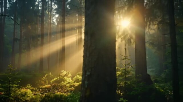 Sunlight streams through forest