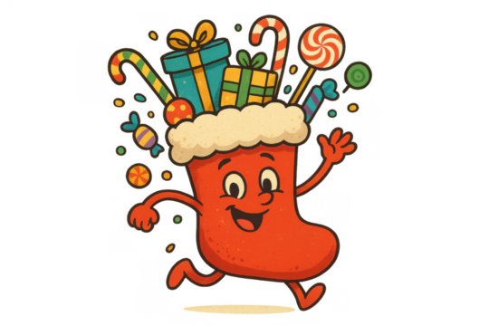 Running christmas stocking cartoon character cheerfully bringing holiday gifts, candy, and sweets on transparent background - Powered by Adobe