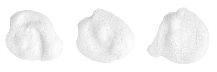 Top view set white foam soap isolated on a white background. concept of shampoo bubble, suds texture bathtub. shaving cream gel, bath lather. foam bubble