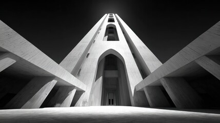 Concrete architectural marvel, upward perspective, dramatic light and shadow