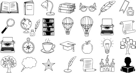 Education and Learning Doodle Black and White Line Art Vector Icons Set. Hand-drawn symbols of knowledge, study, literature, and school, featuring books, globe, typewriter, quill, and ideas.