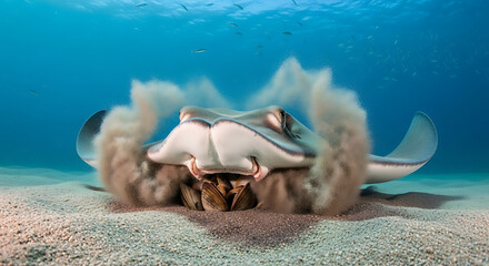 Marine creature stingray eating on sand