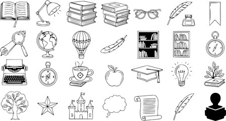 Education and Knowledge Icons: Black and White Line Art Set featuring Books, Graduation Cap, Lamp, Globe, and Feather