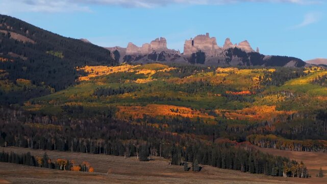 Autumn fall Mill Castle Mountain aerial drone Colorado morning sunrise clear blue sky clouds Gunnison Crested Butte Ohio Swampy Kebler Pass Mount Axtell Ohio Peak panorama landscape parallax circle