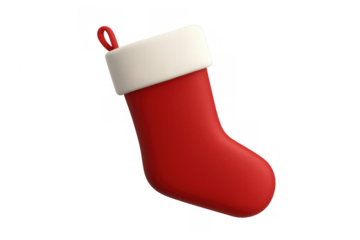 Red christmas stocking with white cuff hanging, 3d render celebrating winter holidays, gift giving tradition