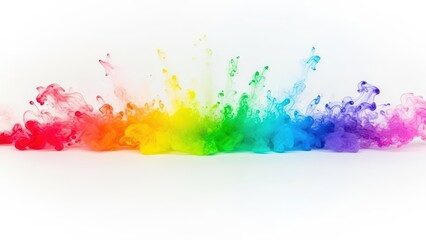 Obraz premium Vibrant explosion of colorful powder creating a rainbow spectrum against a clean white background.