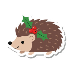 Cute Christmas Hedgehog Sticker with Holly Berries and Leaves.