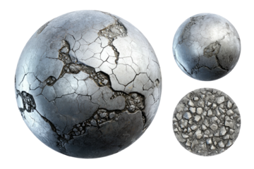 Cracked silver sphere revealing inner rock, plus detail