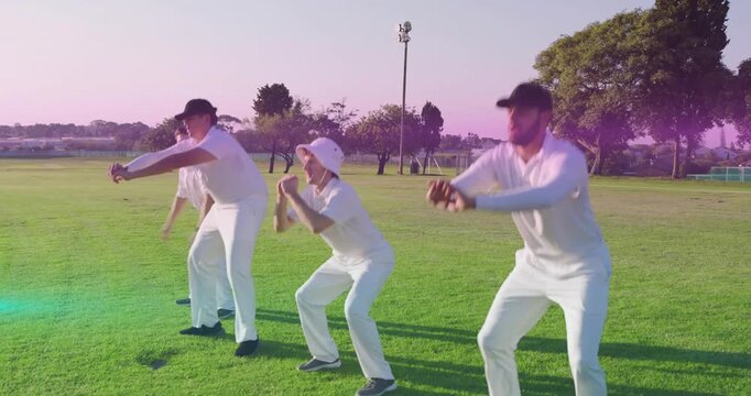 Four men taking cue, training squats and steps in sports with magenta cyan streaks over group