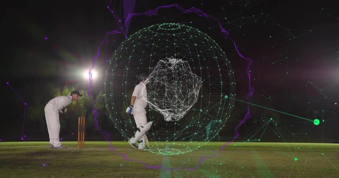 Batsman at crease as bowler running in, overlay tracking ball path around batsman for cricket call