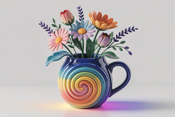 Vibrant mixed flower bouquet arranged in rainbow swirl ceramic mug with colorful artistic design