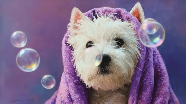 A fluffy white dog wrapped in a purple blanket, gazing curiously at the viewer, with colorful bubbles floating in a soft, dreamy background, evoking a sense of warmth and playfulness