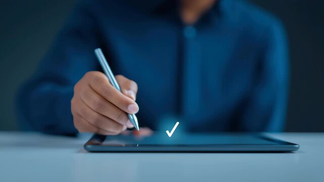 Adult male hand using stylus digital tablet modern office, creative work and workflow with calm focus human person drawing, note taking, handwriting, check mark approval process, productive