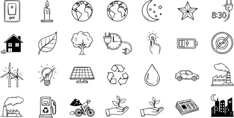 Black and White Line Art Icons for Ecology and Environment: Earth, Moon, Star, Battery, Car, Factory, Solar Panel, Wind Turbine