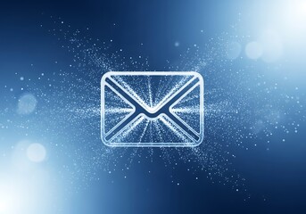 A digitally rendered email symbol, composed of glowing particles, displays a sense of modern communication against a gradient blue background.