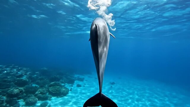 Graceful dolphin glides through clear blue water, sunlit ripples dancing over a sandy seabed serene