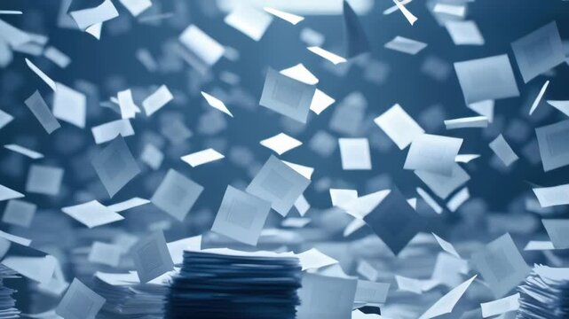 Paper chaos workflow modern office environment flying document stack and sheet pile, messy workspace stress, corporate deadline pressure, data overload, disorganized paperwork storm, technology