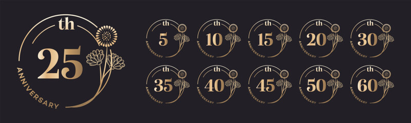 Anniversary logo set 5, 10, 15, 20, 25, 30, 35, 40, 45, 50, 60  Elegant floral design