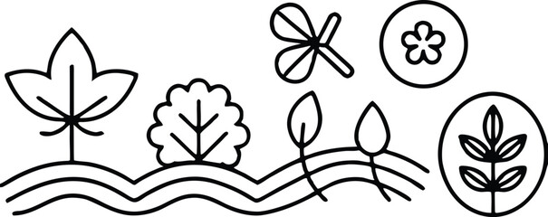 Obraz premium Black line of stylized leaves trees and waves leaf