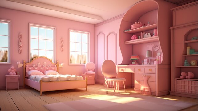 A softly lit, dreamy pastel pink bedroom with a cozy bed and a charming vanity desk bathed in m sunlight.